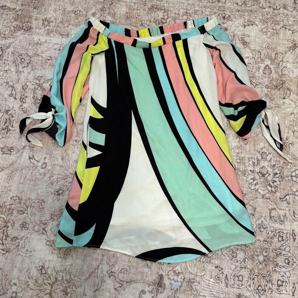 Nicole Miller New York Colorful Mod 60s Abstract Off Shoulder Shift Mini Dress 4